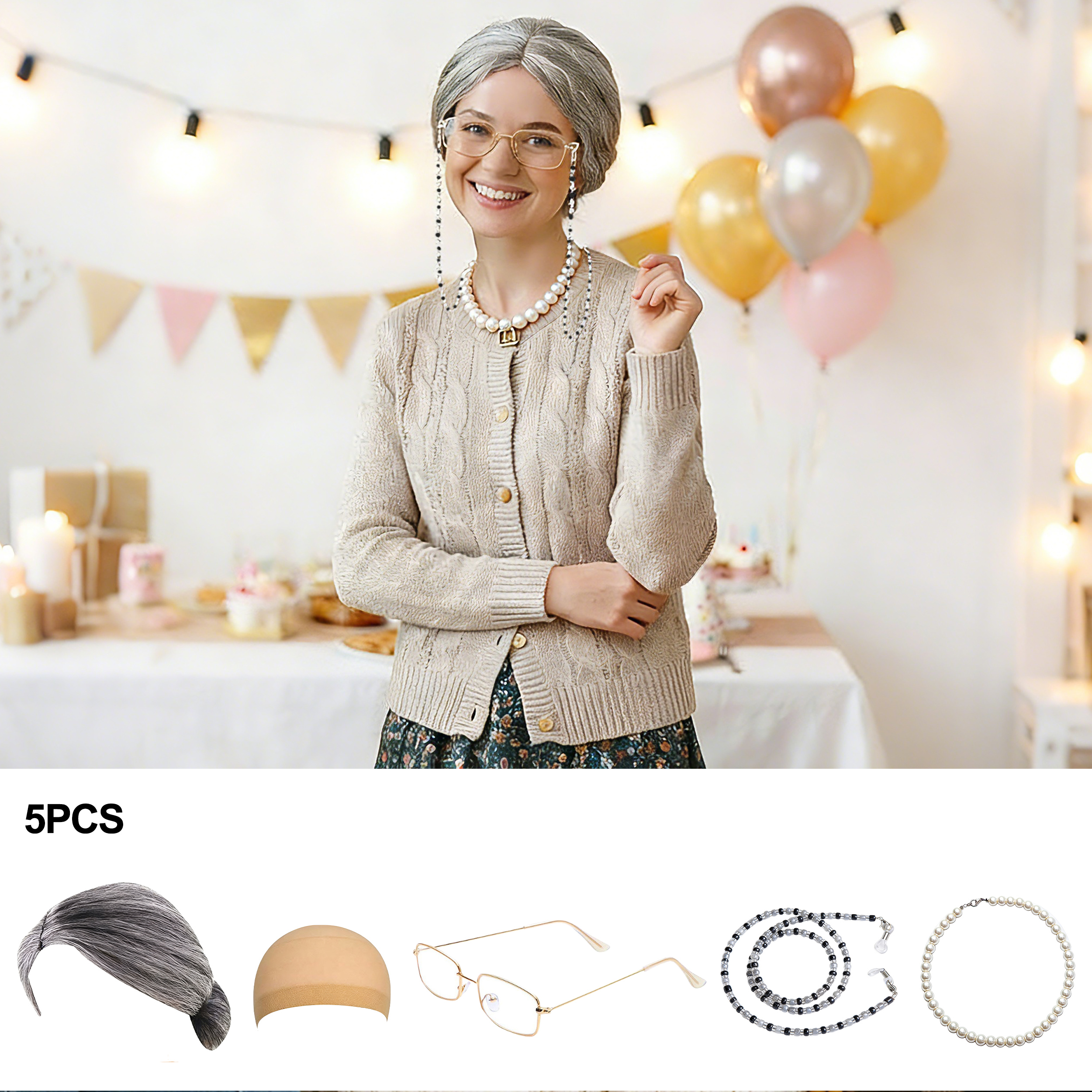 5Pcs Old Lady Costume Set Gran - Pearl Trim Chain recensie en prijs