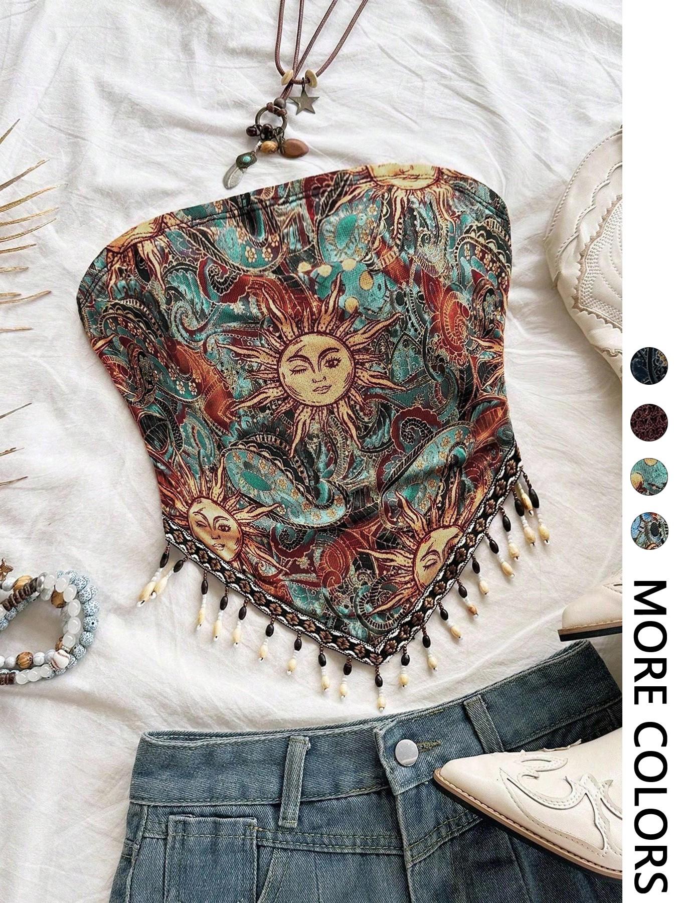 Ladies' 1pc Printed Mesh Knitt - Beaded Trim Fringe recensie en prijs