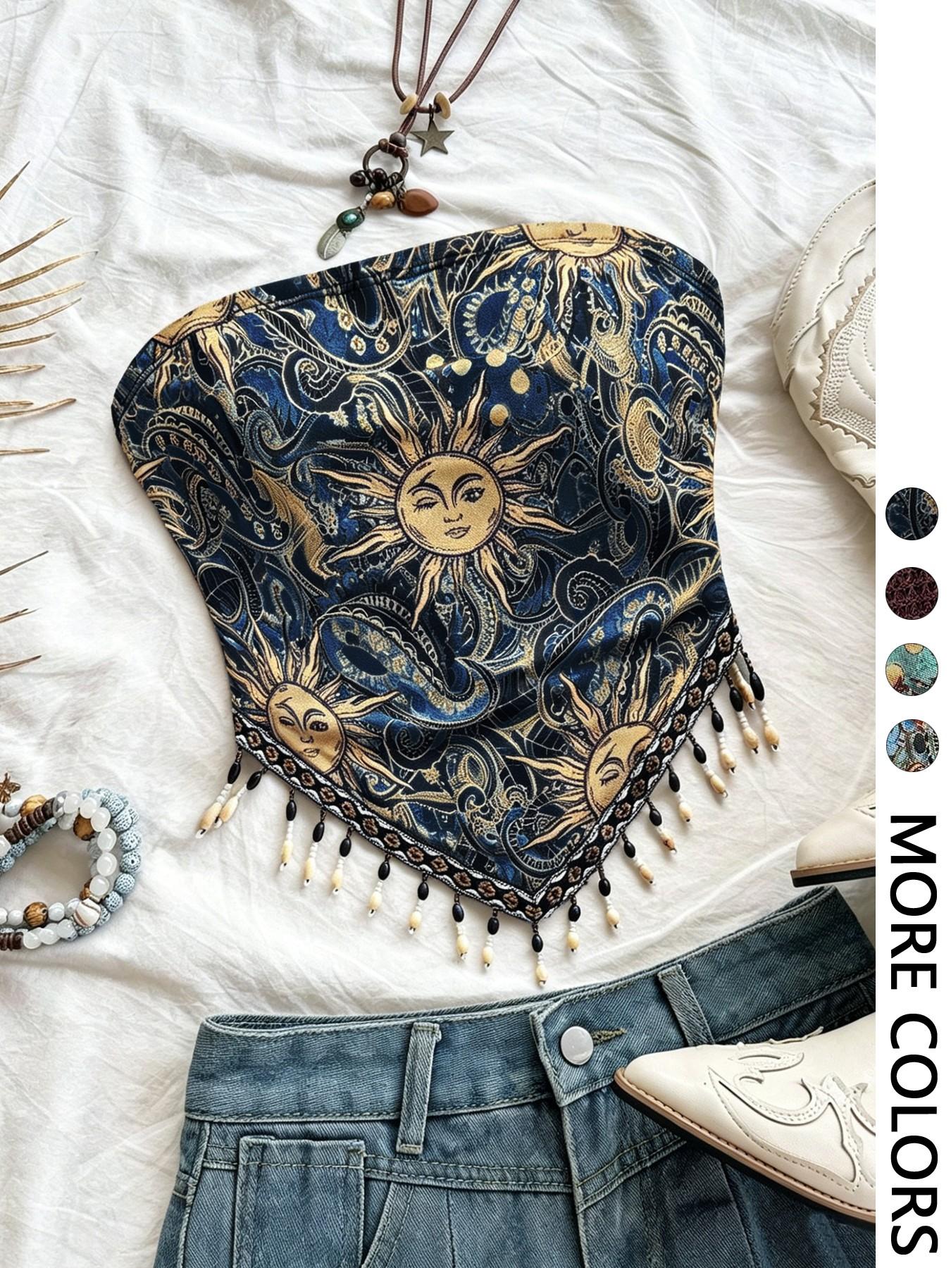 Ladies' 1pc Printed Mesh Knitt - Beaded Trim Fringe recensie en prijs
