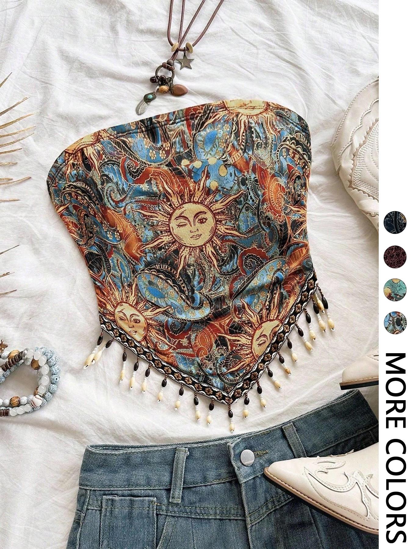 Ladies' 1pc Printed Mesh Knitt - Beaded Trim Fringe recensie en prijs