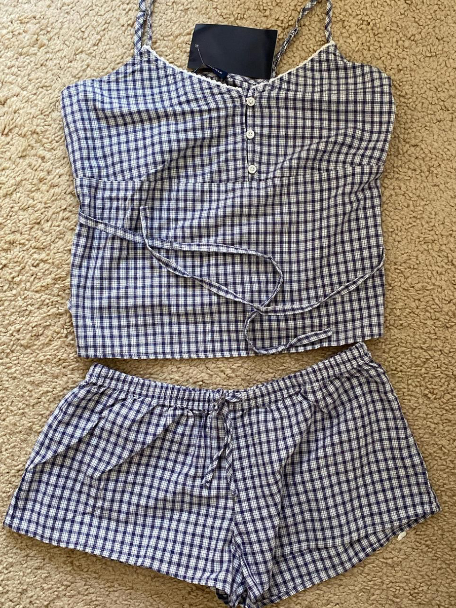Navy Plaid Tank Shorts 2 Piece - Elastic Lace Trim recensie en prijs