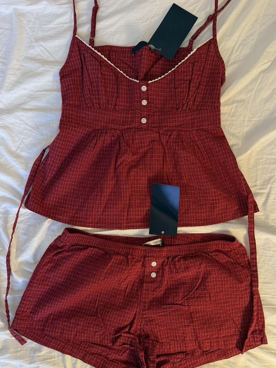Red Plaid Buttons Tank Shorts  - Elastic Lace Trim recensie en prijs