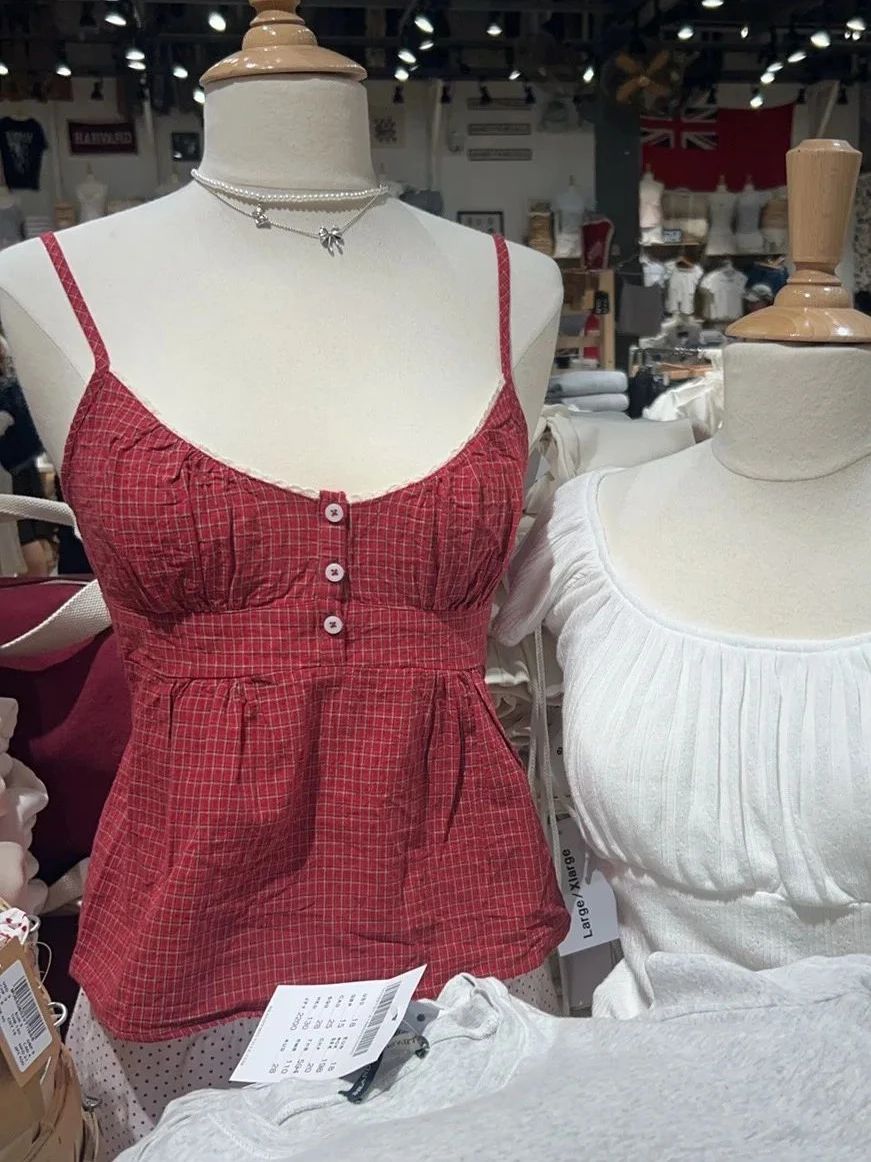 Red Plaid Buttons Tank Shorts  - Elastic Lace Trim recensie en prijs